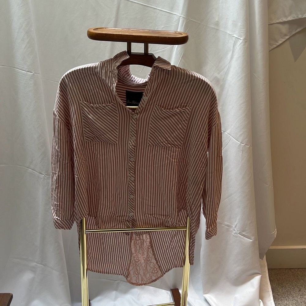 Sam Edelman Women's Striped Hi-Low Sleep Shirt Dusty Rose White Size Small